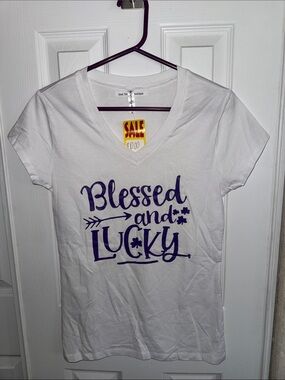 Reserved White Short Sleeve V-Neck Tee with Purple 'Blessed and Lucky' Print